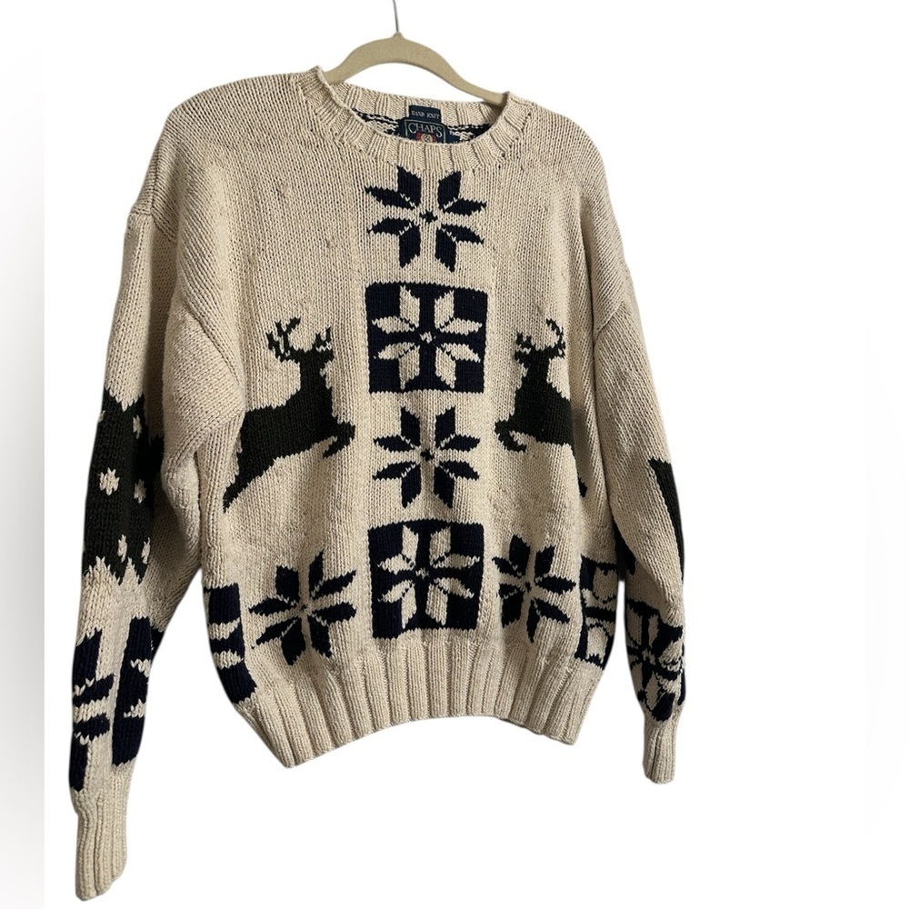 Vintage Chaps Ralph Lauren Hand-Knit Fair Isle Reindeer Sweater M Linen Cotton - Picture 3 of 9